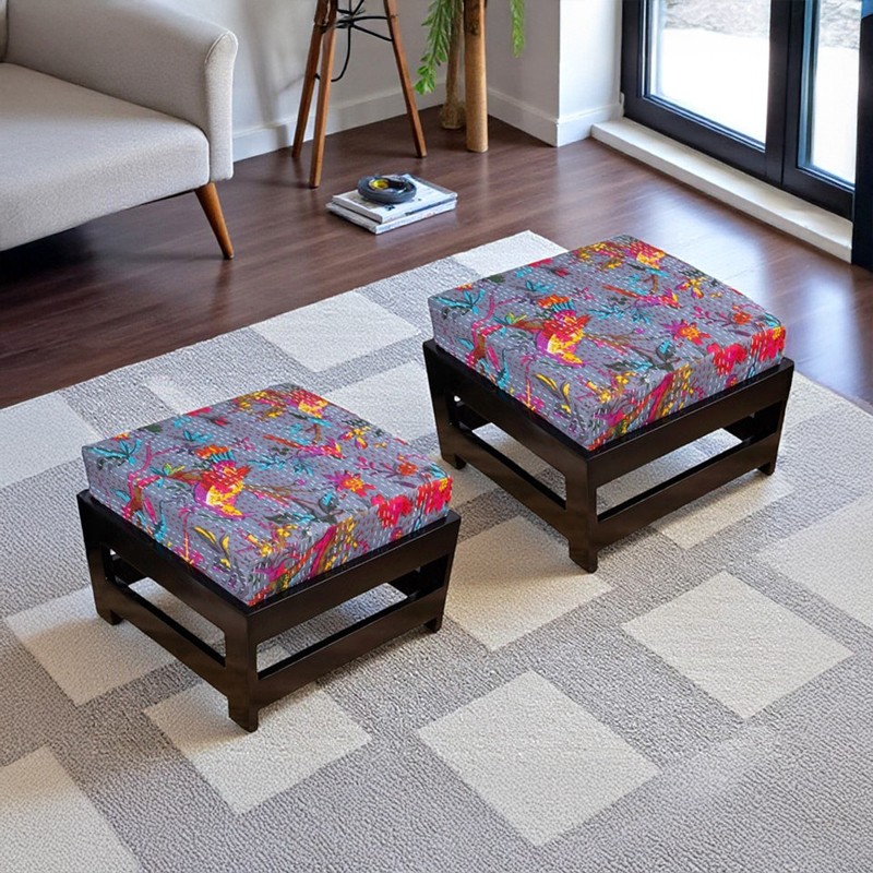 Mirox Sheesham Wooden Stools With Cushions (Multicolor) - Set of Two