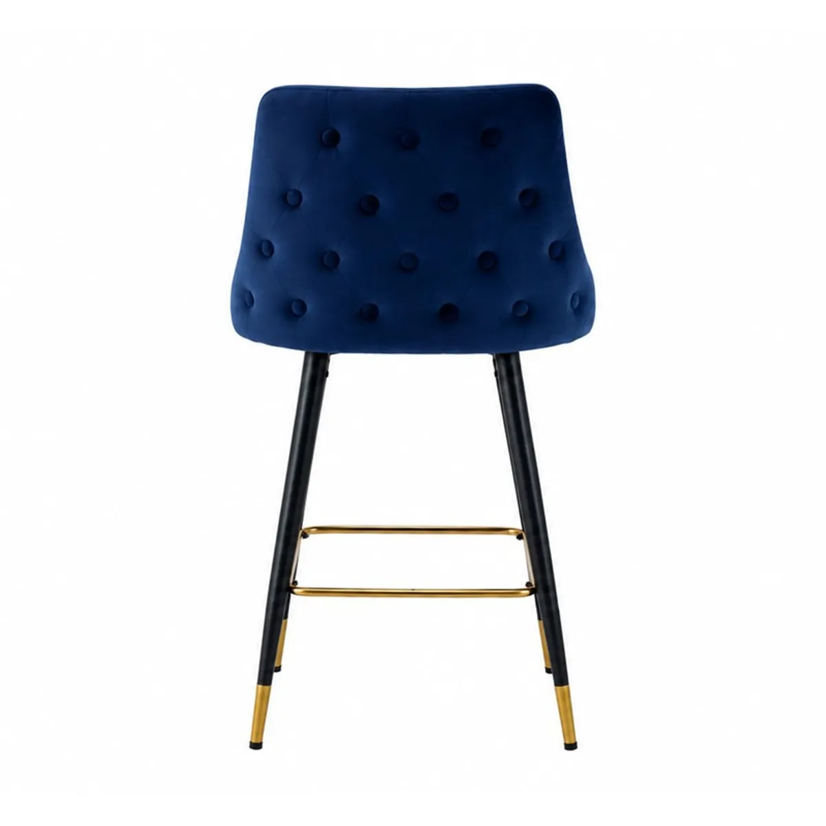 Back view of a blue tufted bar chair with black legs and gold footrest