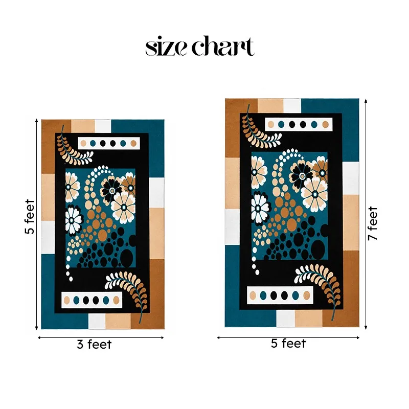 Size chart showing the carpet in 3 x 5 ft and 5 x 7 ft options