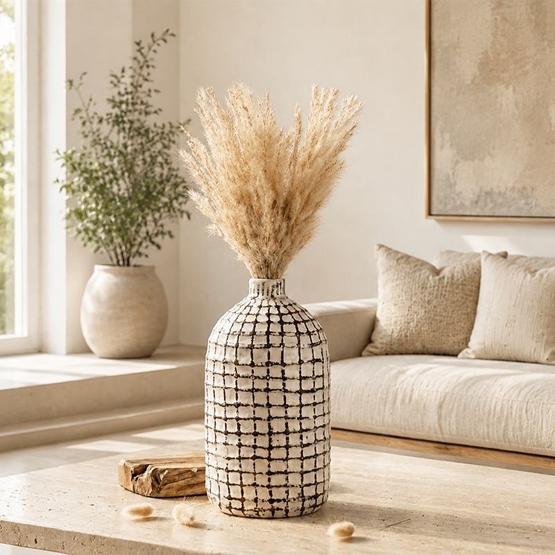 Alabaster Grid Ceramic Vase - White