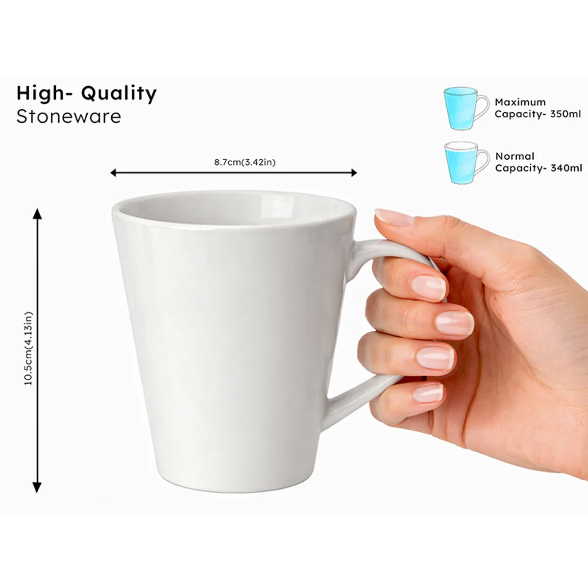 Single white ceramic mug shown in hand against a plain background