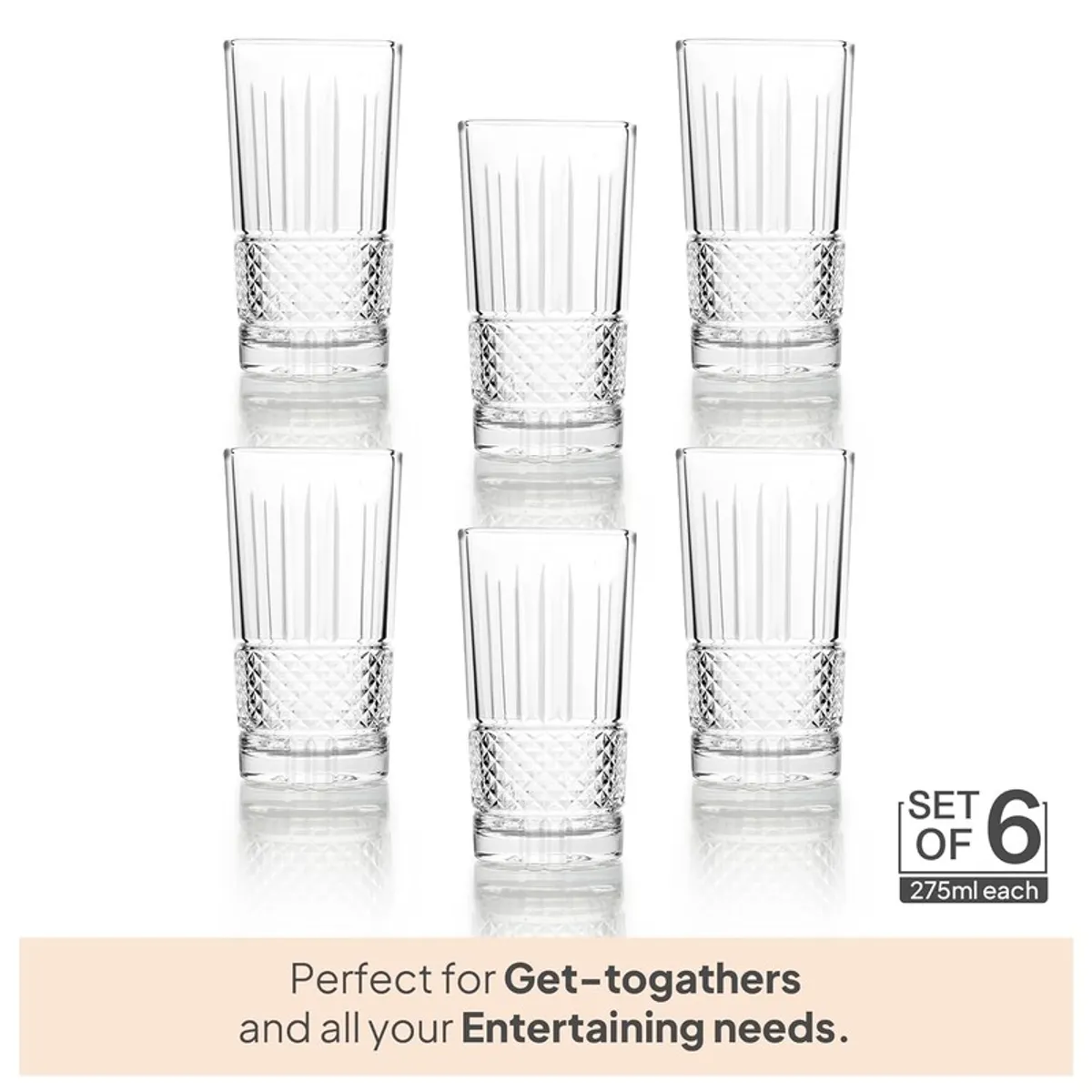 Six transparent textured drinking glasses arranged in two rows.