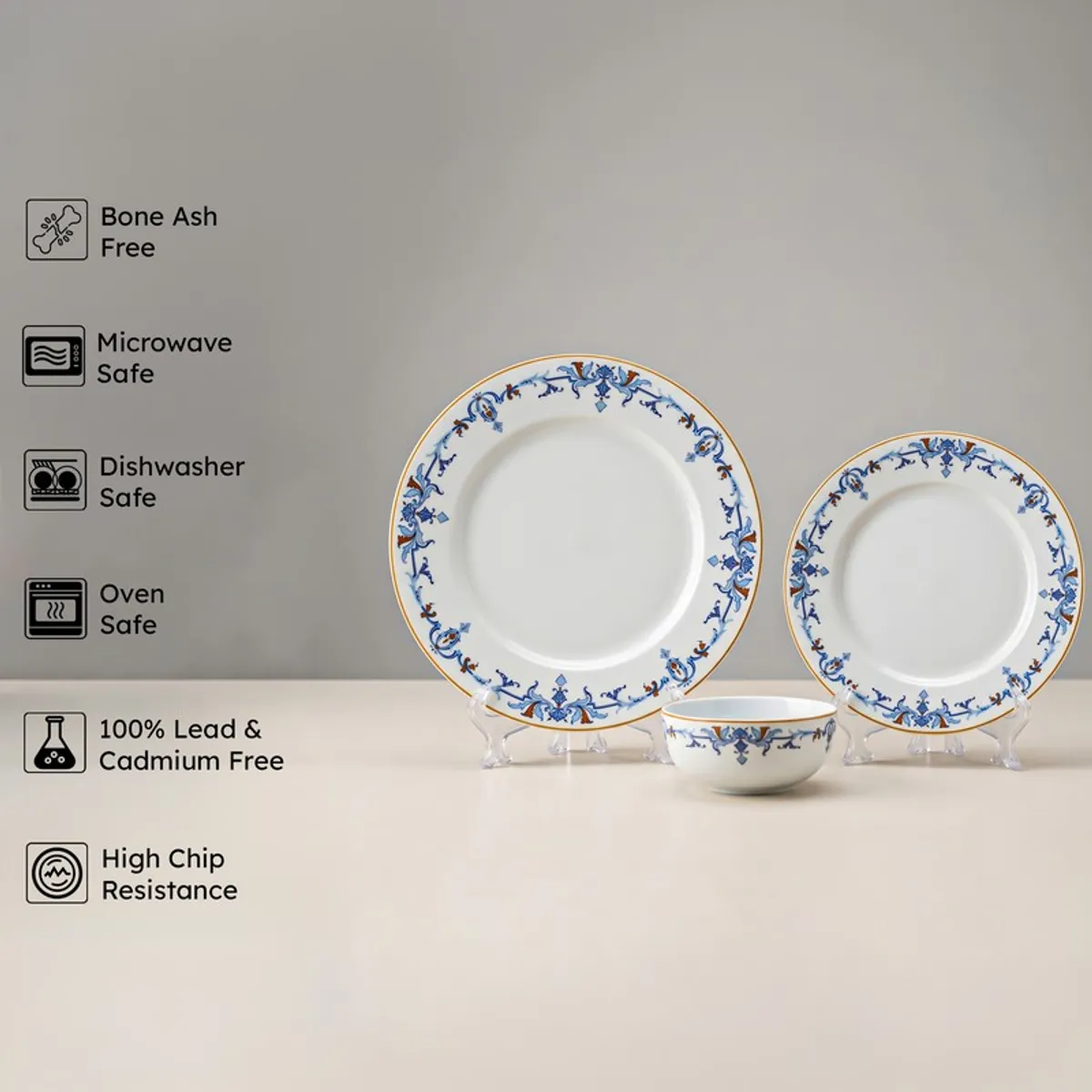 Blue and white porcelain plates and bowl with floral border design