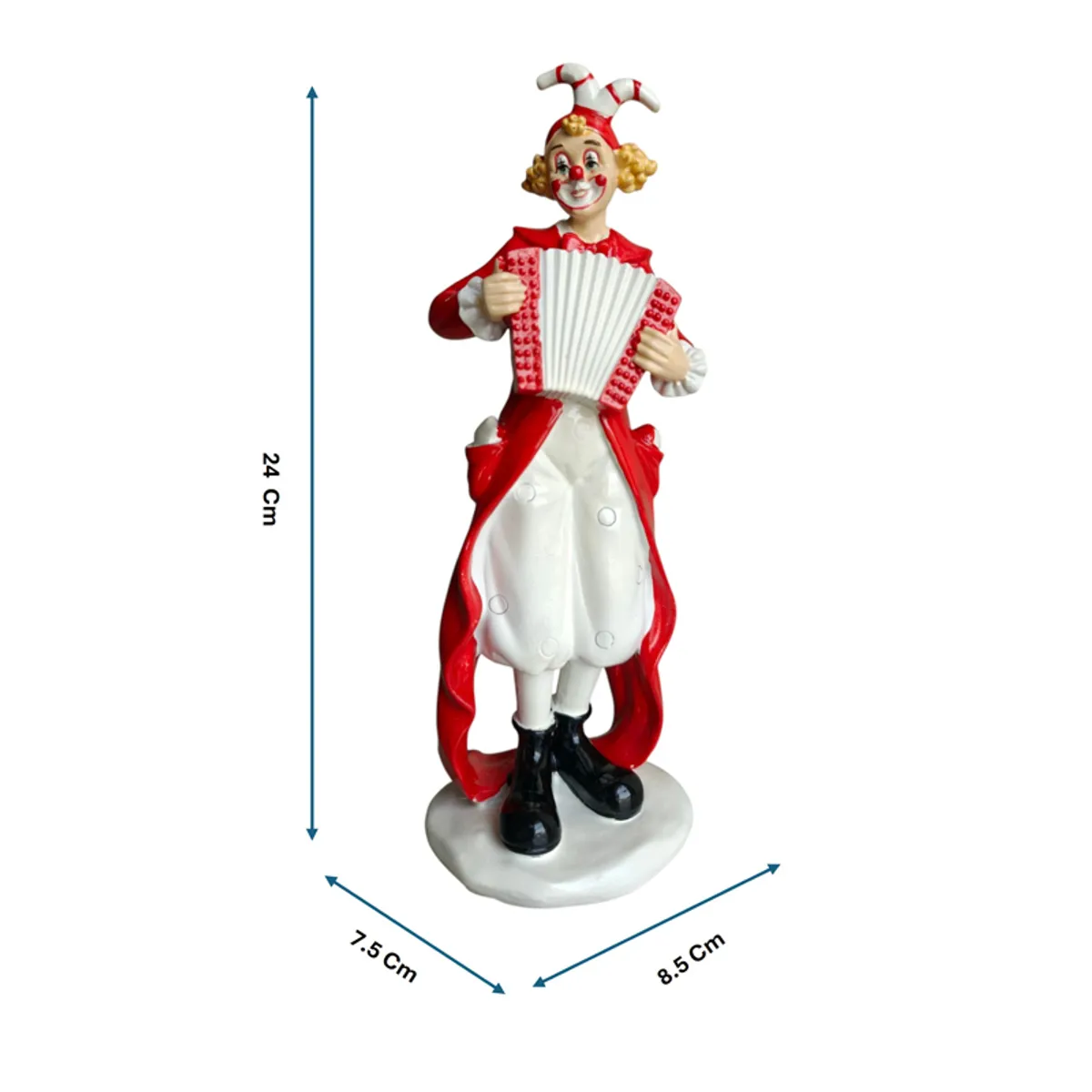 Accordion clown showpiece with measurement arrows showing its height and base size