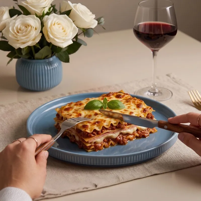 Blue dinner plate styled with a serving of lasagne on a dining table