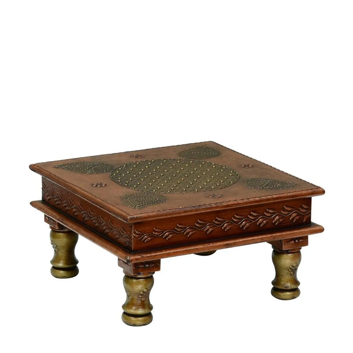 Brown square wooden stool with a patterned top on a white background