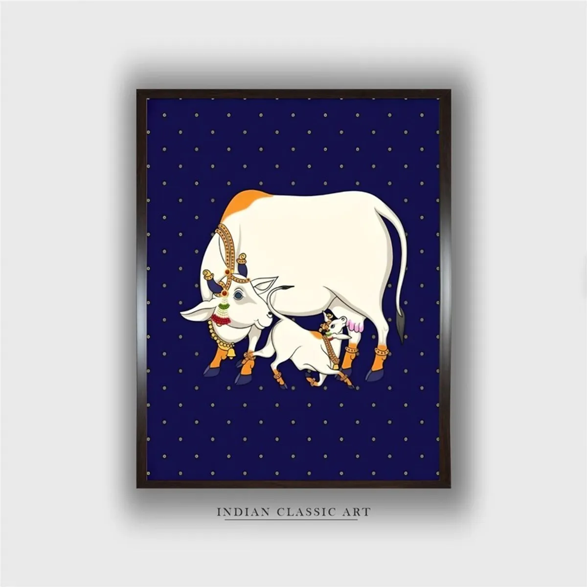 Front view of framed mother and calf wall painting with deep blue background