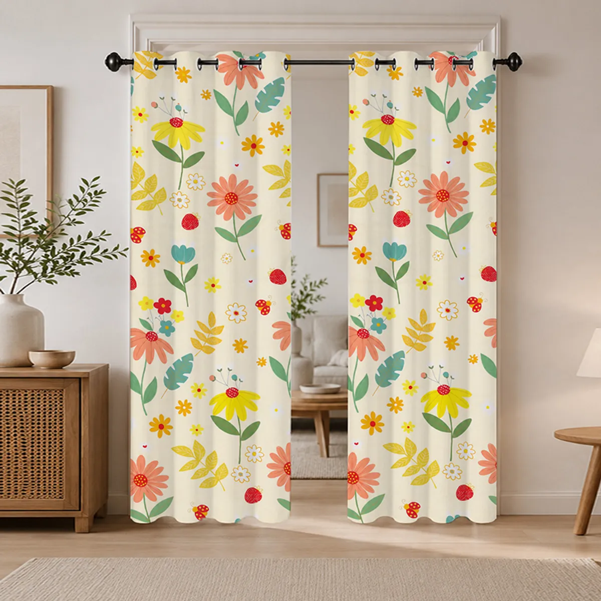 Two off-white floral curtains with eyelets hanging on a black rod