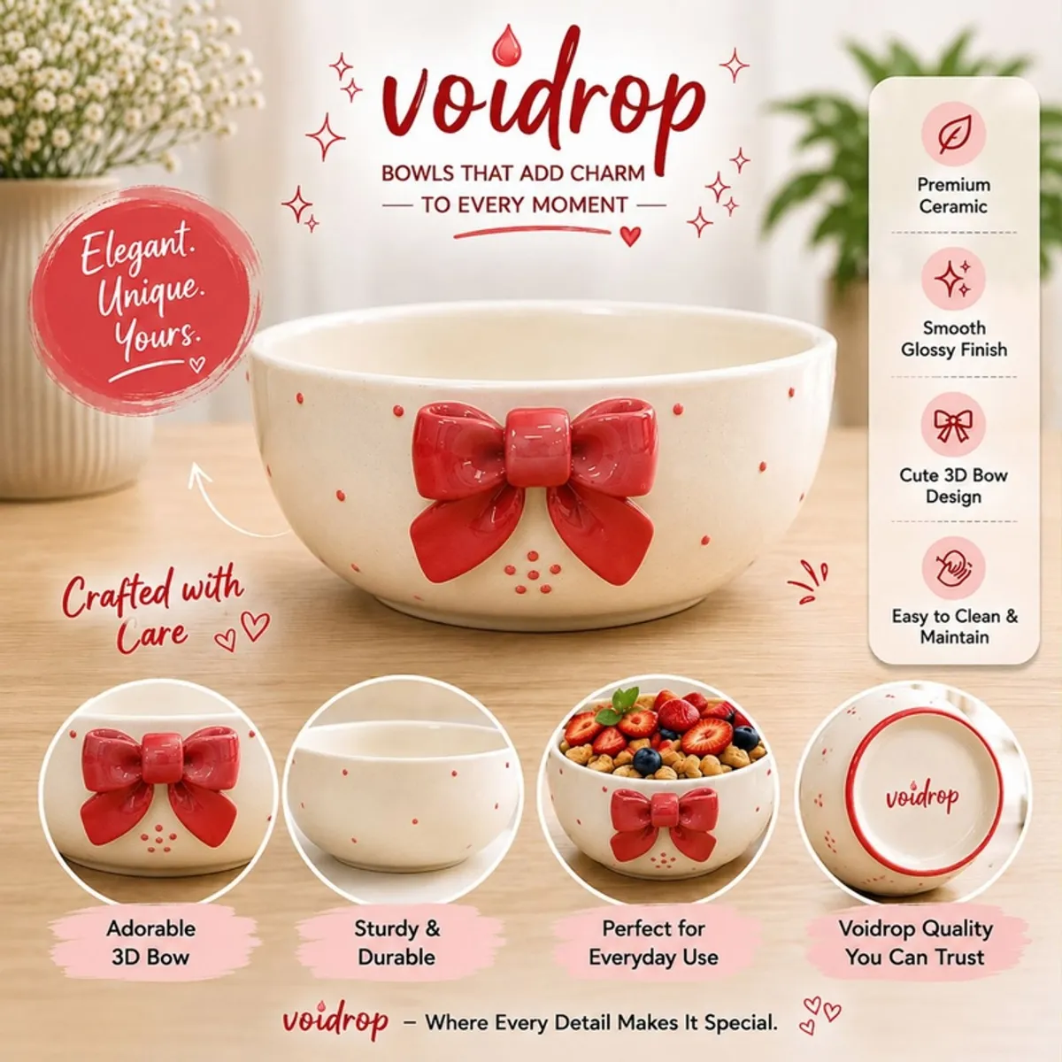 Red bow ceramic bowl shown with glossy finish and serving-use details.