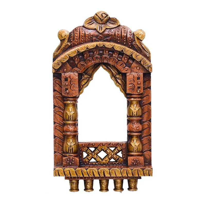 Studio front view of ornate wooden archway wall accent