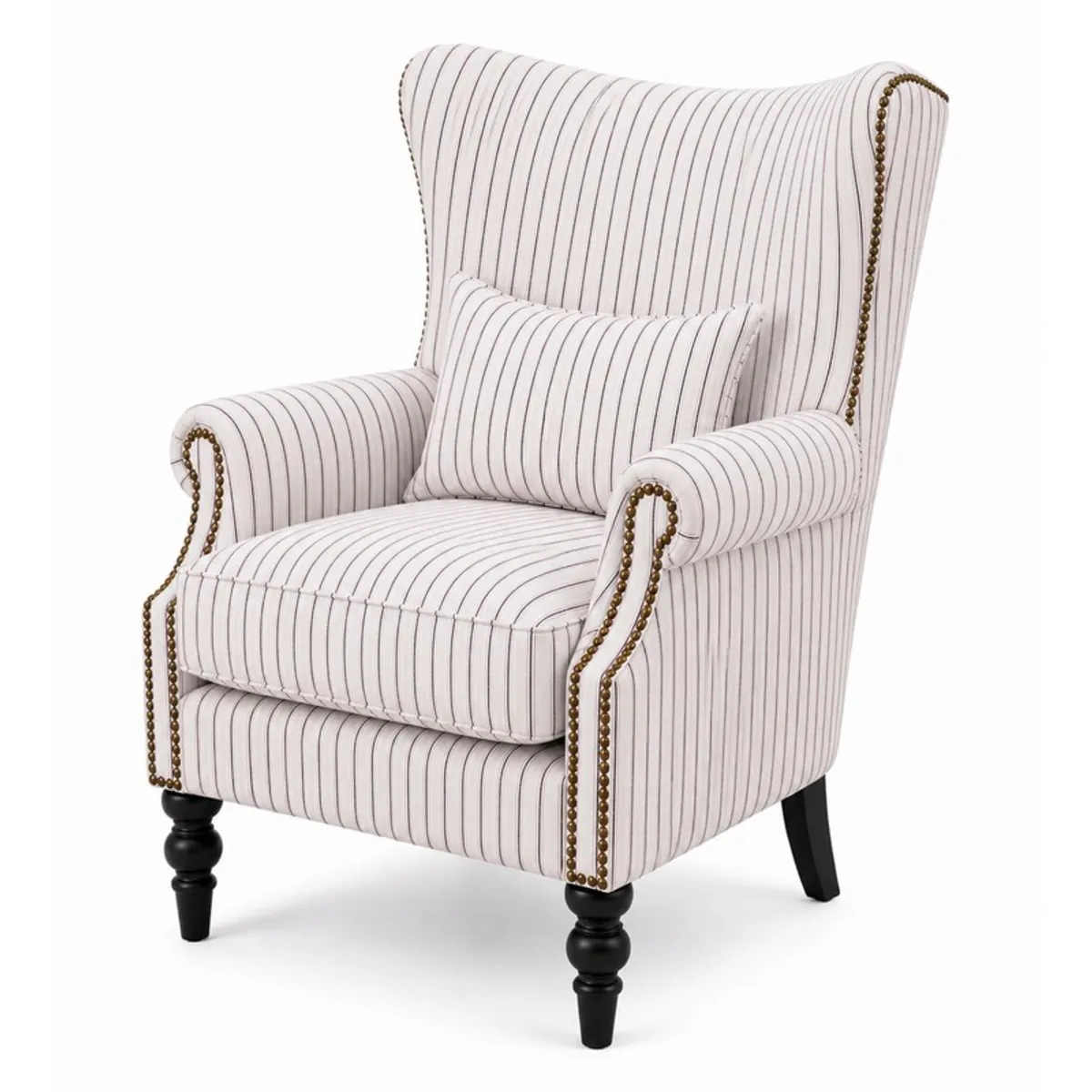Three-quarter view of a white striped lounge chair with dark legs