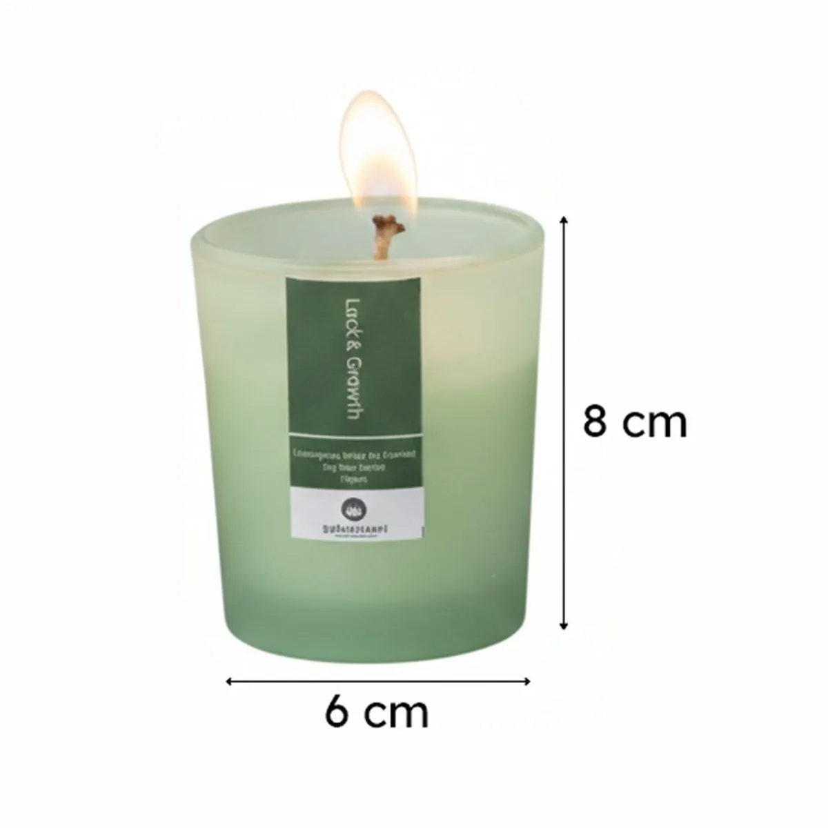 Green cylindrical candle shown with visible height and width arrows