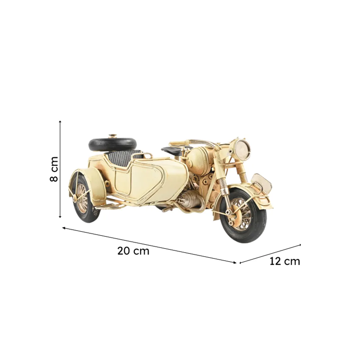 Motorcycle sidecar showpiece with dimensions shown in image