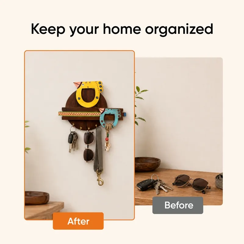 Wall organiser with bird motifs shown keeping keys and accessories arranged