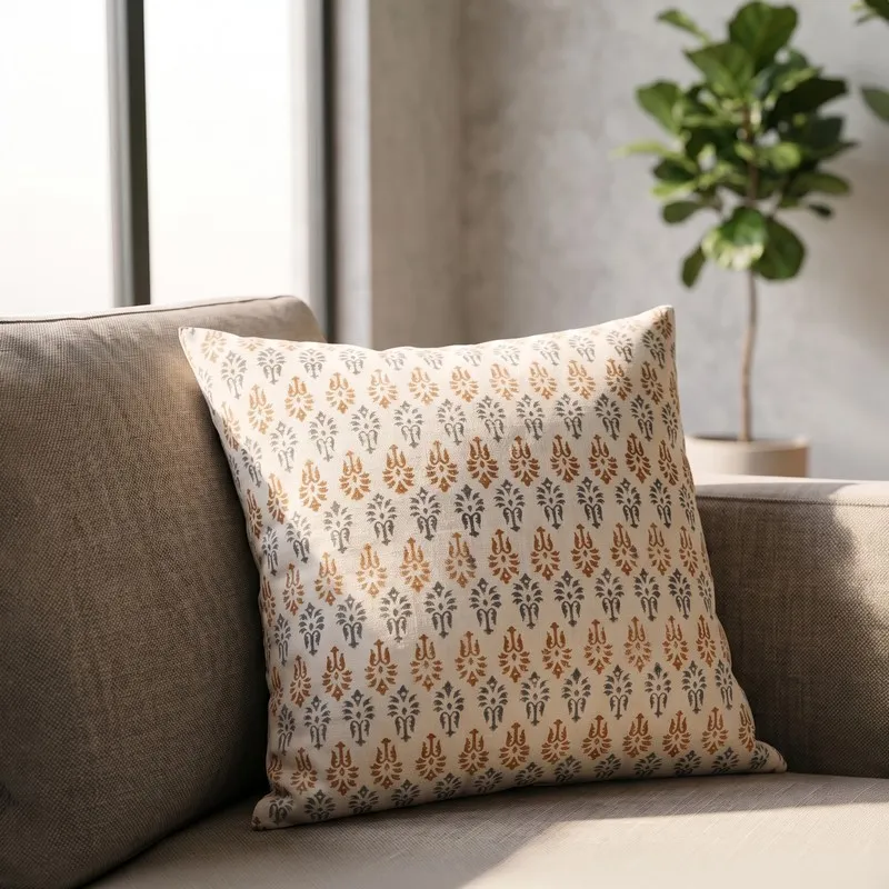 Square floral print cushion cover styled on a beige sofa