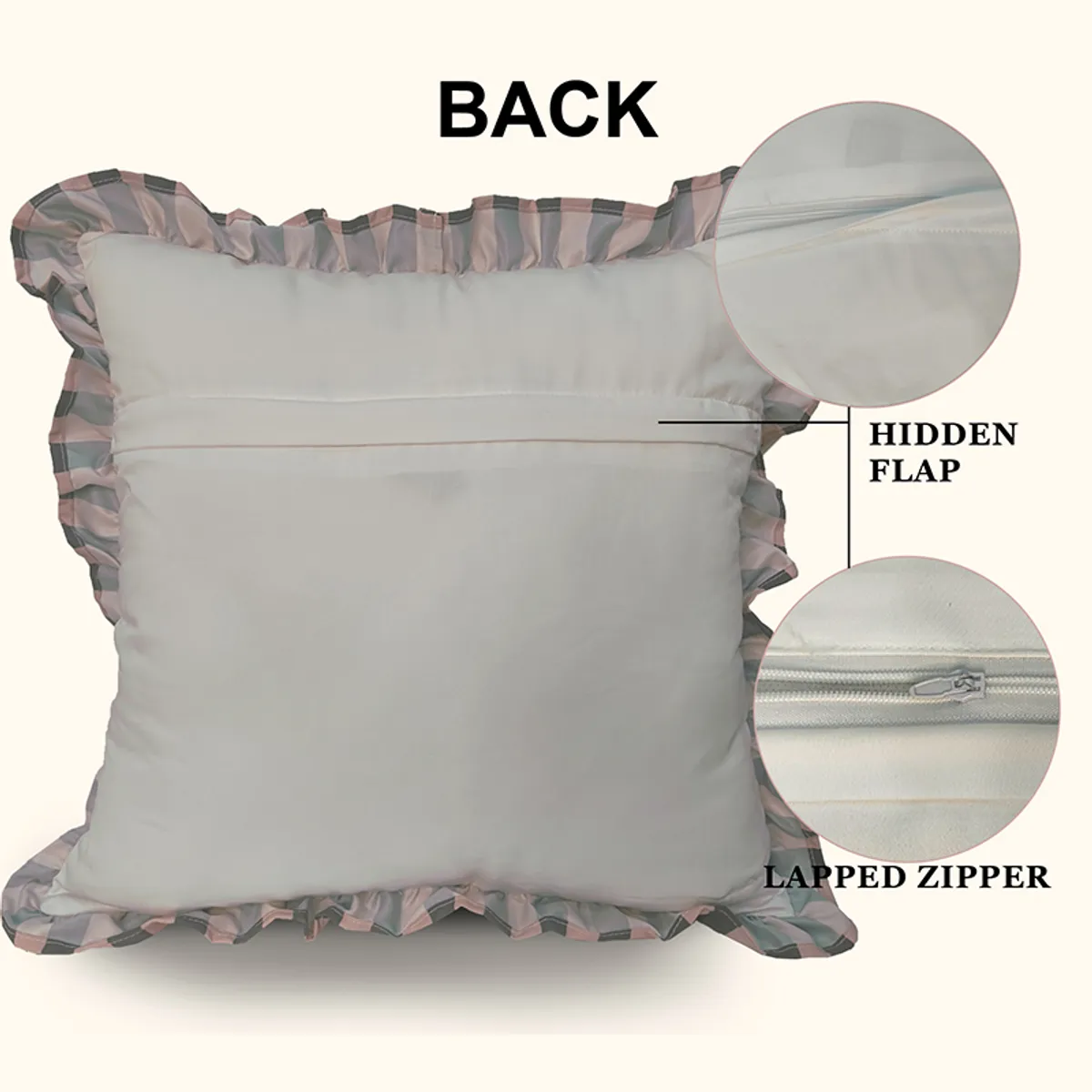 Back view of a ruffled cushion cover showing its concealed zip closure