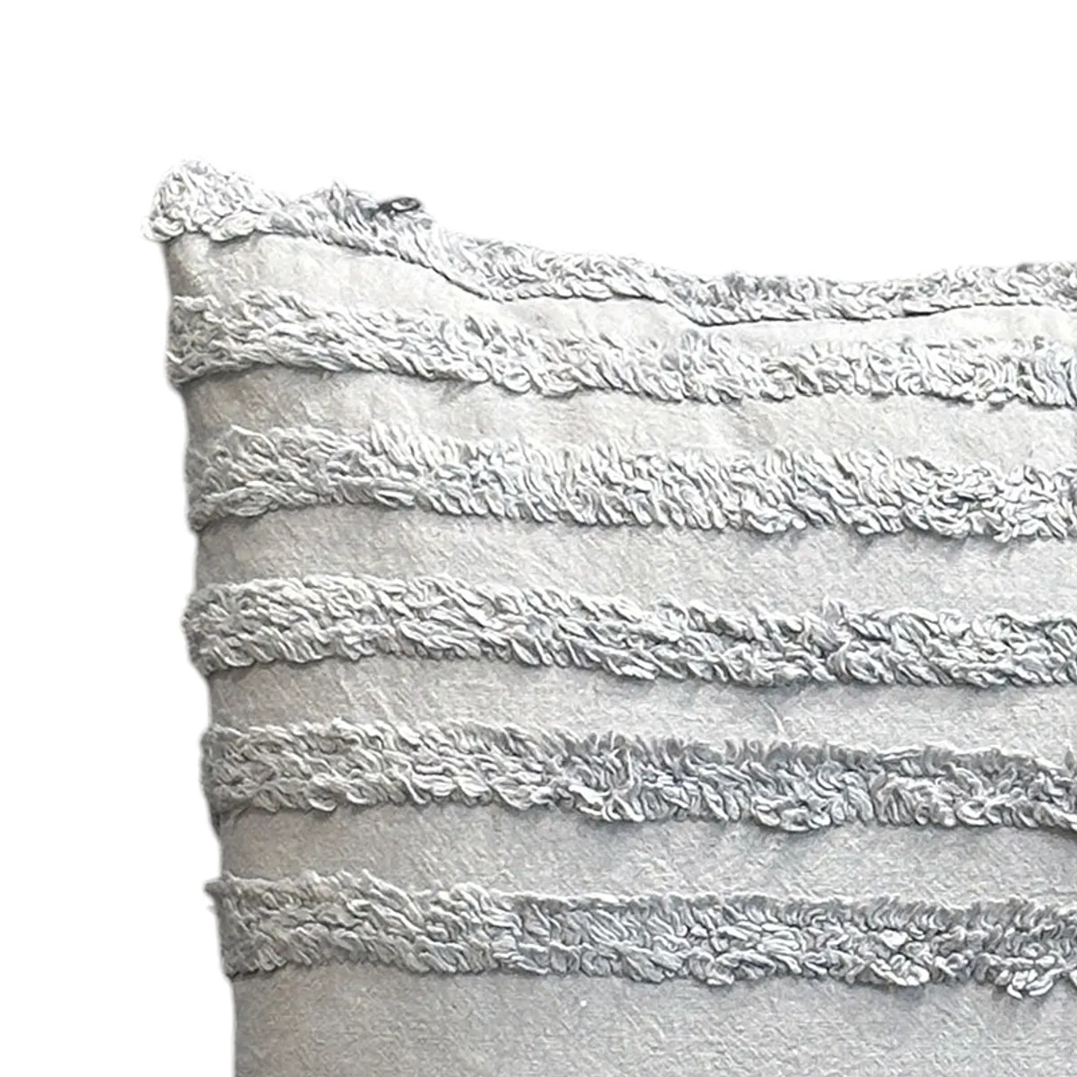 Close-up of the light grey cushion cover's raised horizontal stripe texture.