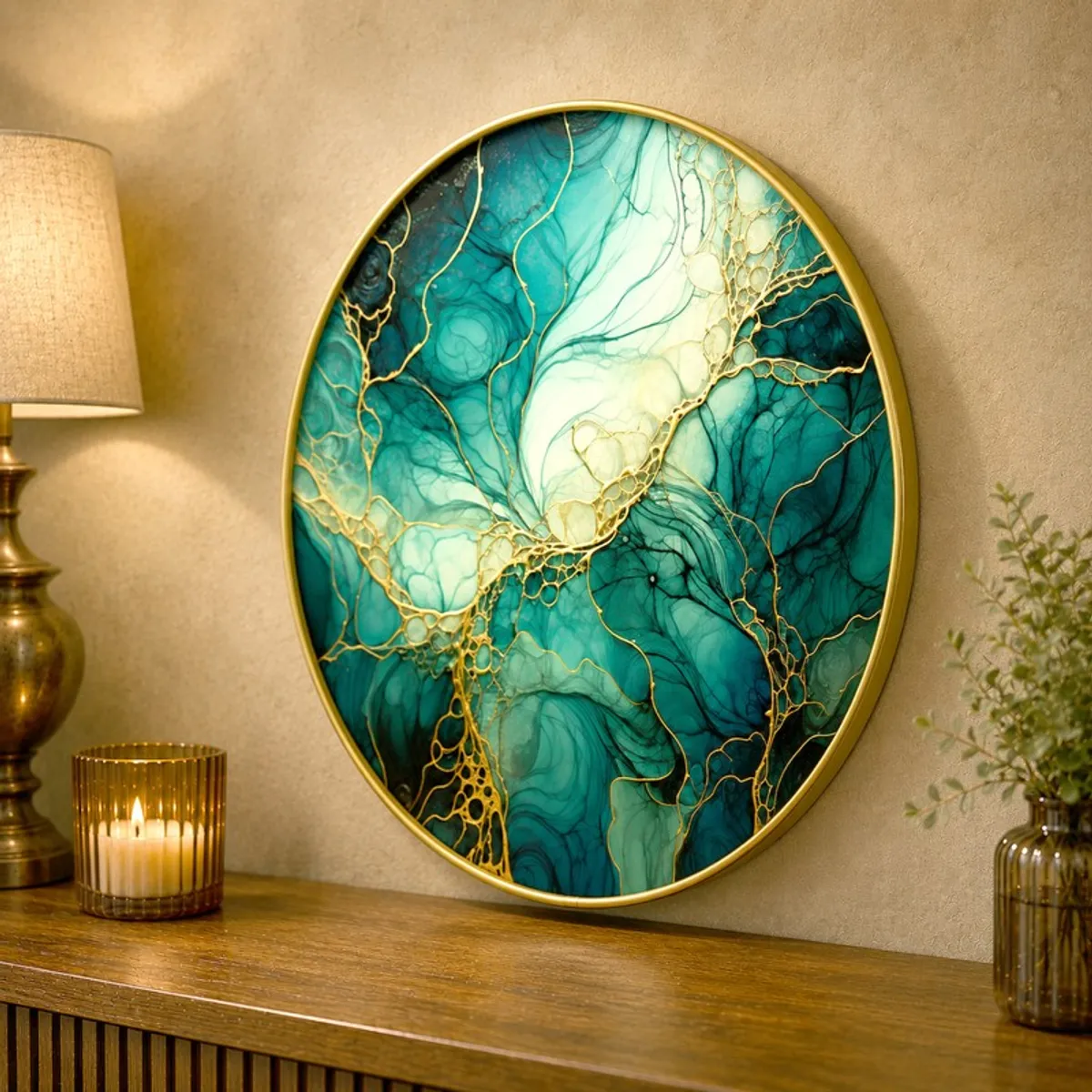Close view of round teal and green abstract wall art with gold accents