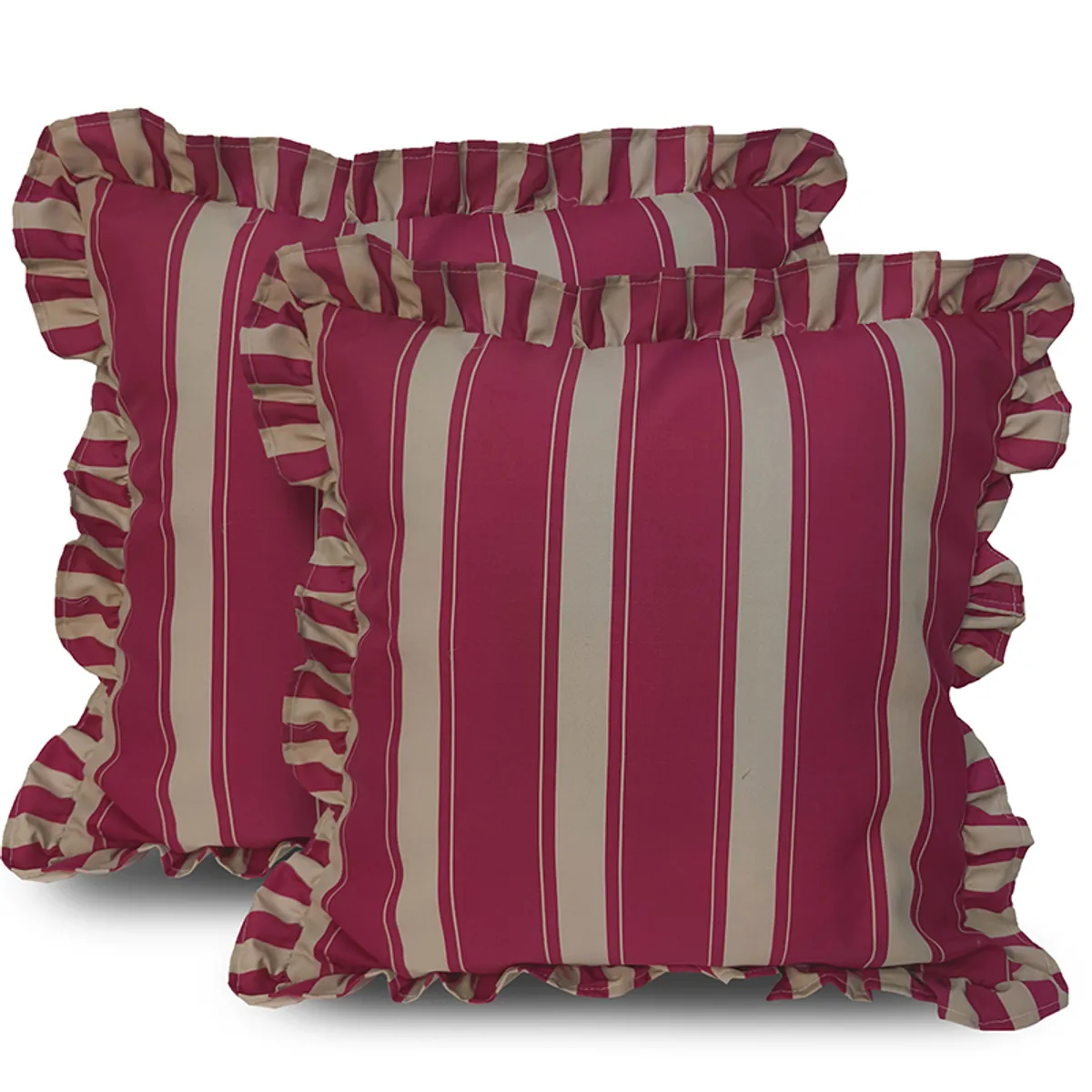 Two purple and cream striped ruffled cushion covers shown against a white background