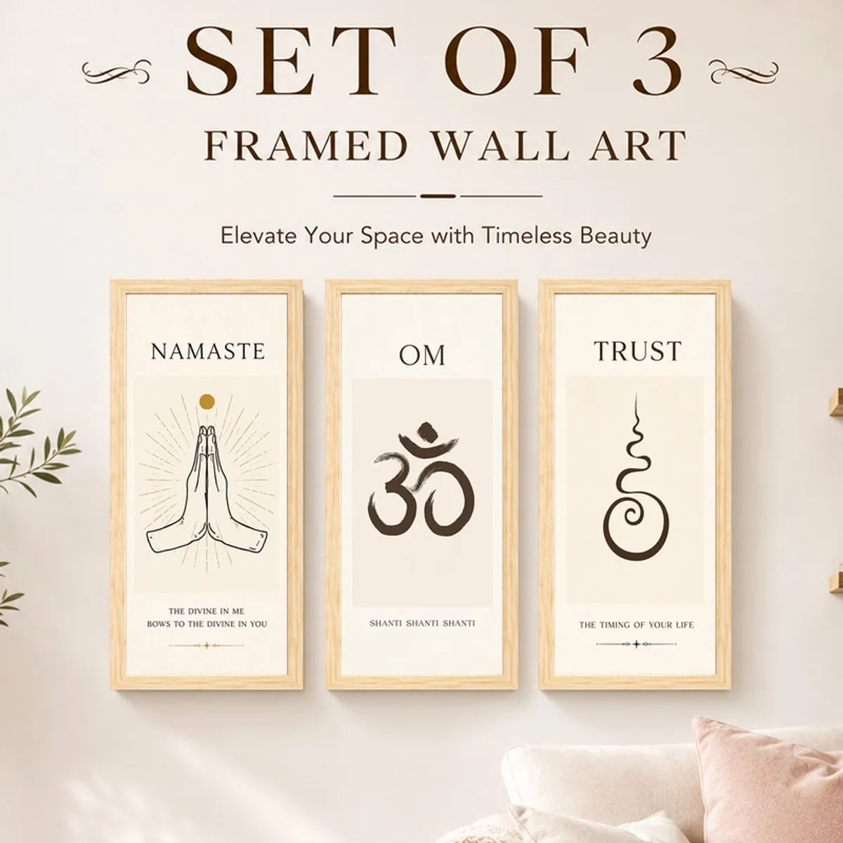 Three minimalist framed spiritual artworks shown together on a light wall