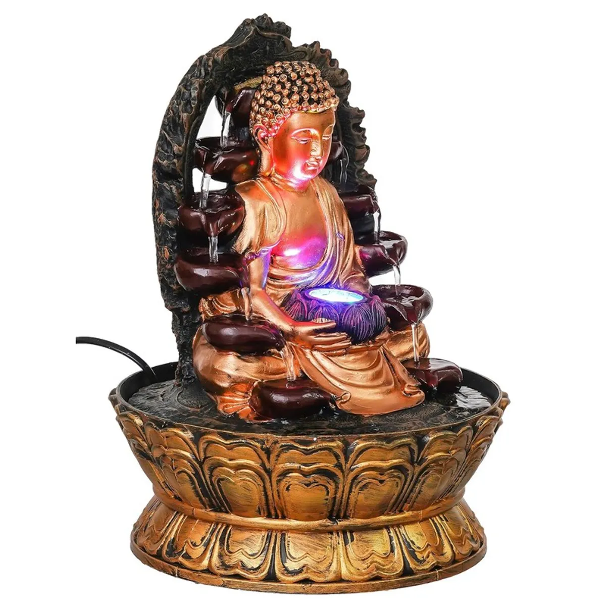 Side-angle product view of the Buddha LED fountain on a lotus-style base