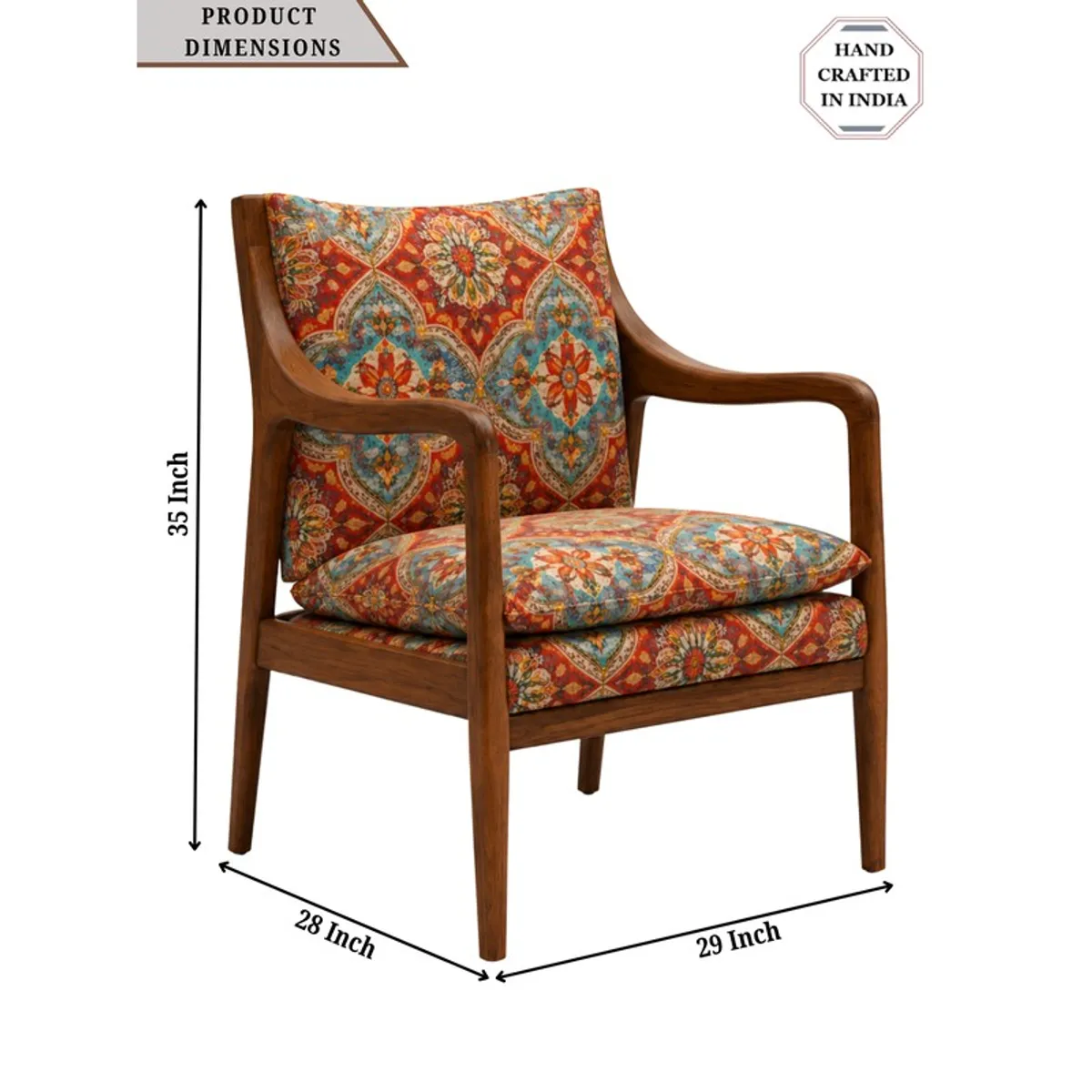 Side view of the patterned accent chair with visible dimensions
