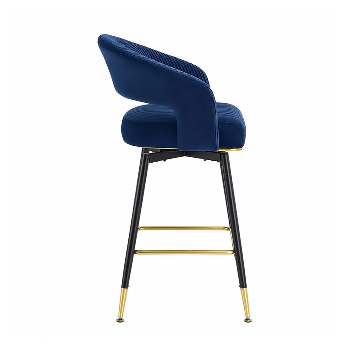 Side view of blue velvet bar stool with black metal legs and gold footrest.