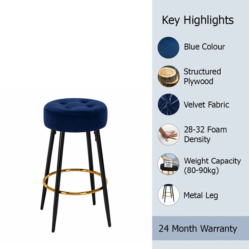 Blue round bar stool with black legs and gold footrest beside key highlights panel