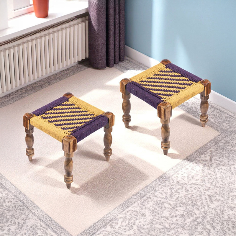 Izeno Sheesham Wooden Stools (Beige & Purple) - Set Of Two