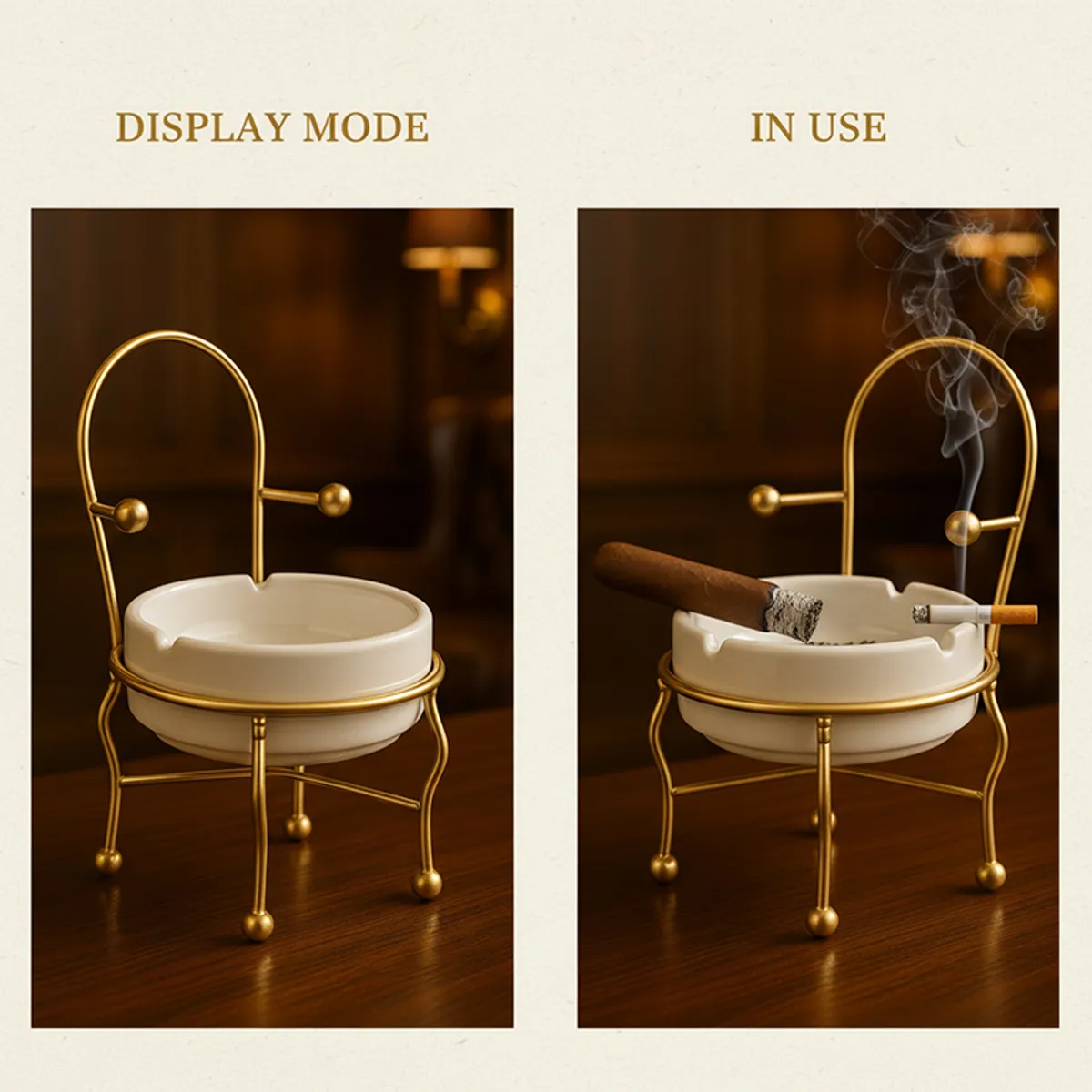 Two-panel view showing the chair-shaped ash tray in display and smoking use.