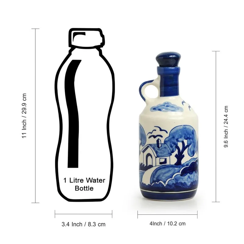 Blue and white ceramic oil dispenser shown beside a black outline bottle.