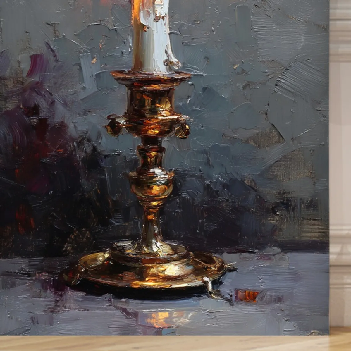 Close-up of the candlestick base in the textured canvas painting