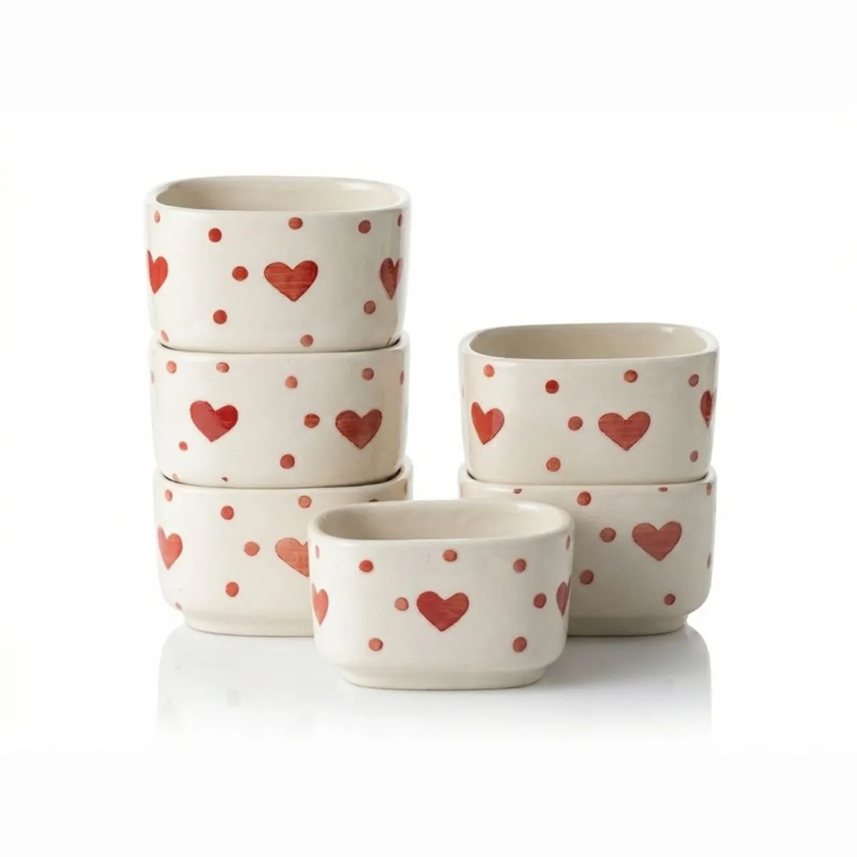 Set of six white ceramic dip bowls with red heart motifs on a plain background