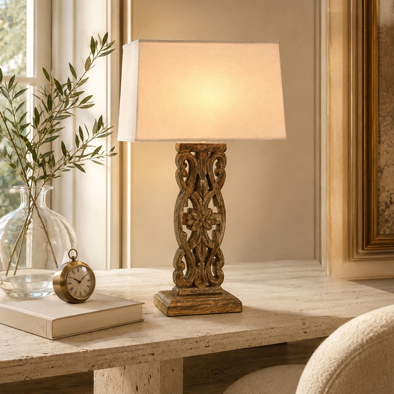 Meraki Carved Fabric Table Lamp - Brown,Beige