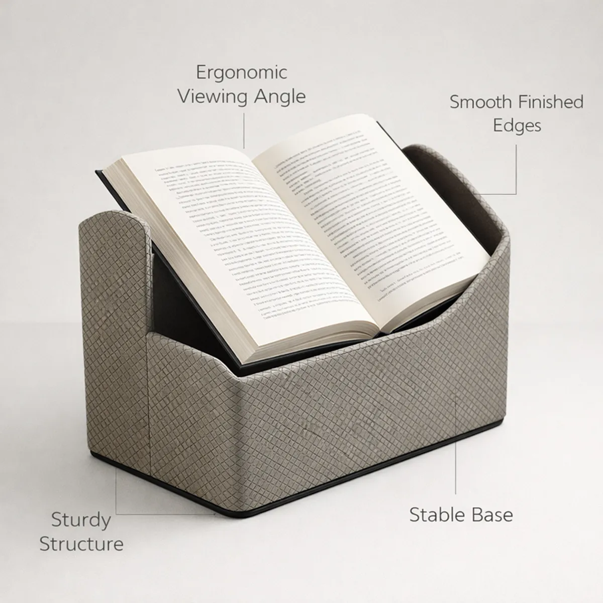 Grey organiser holding an open book, shown with smooth edges and a stable base