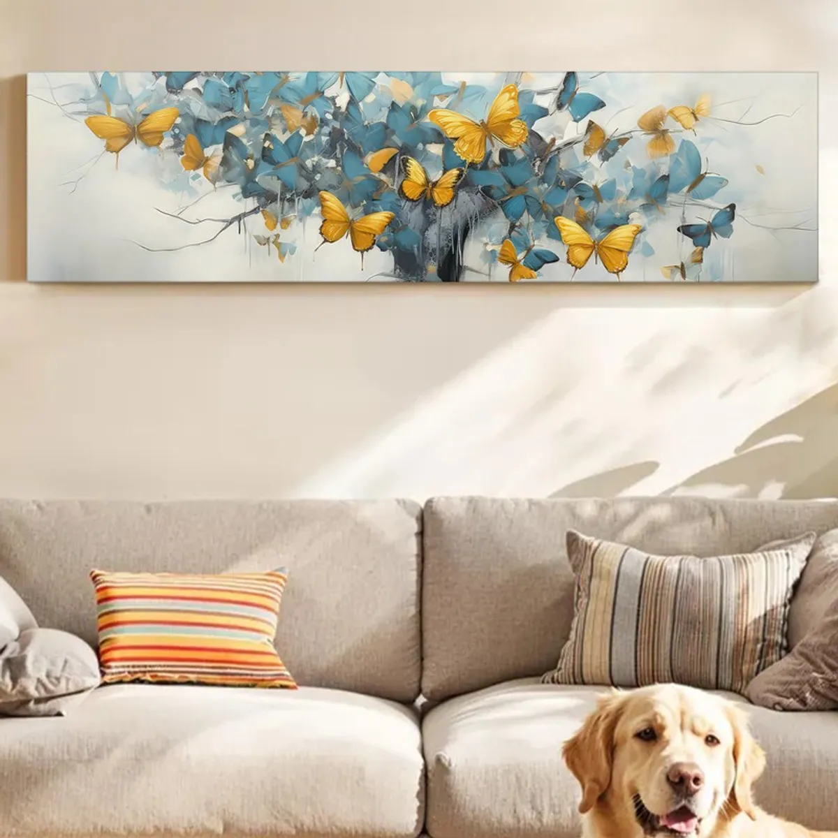 Blue and yellow butterfly wall canvas above a sofa with a dog resting below