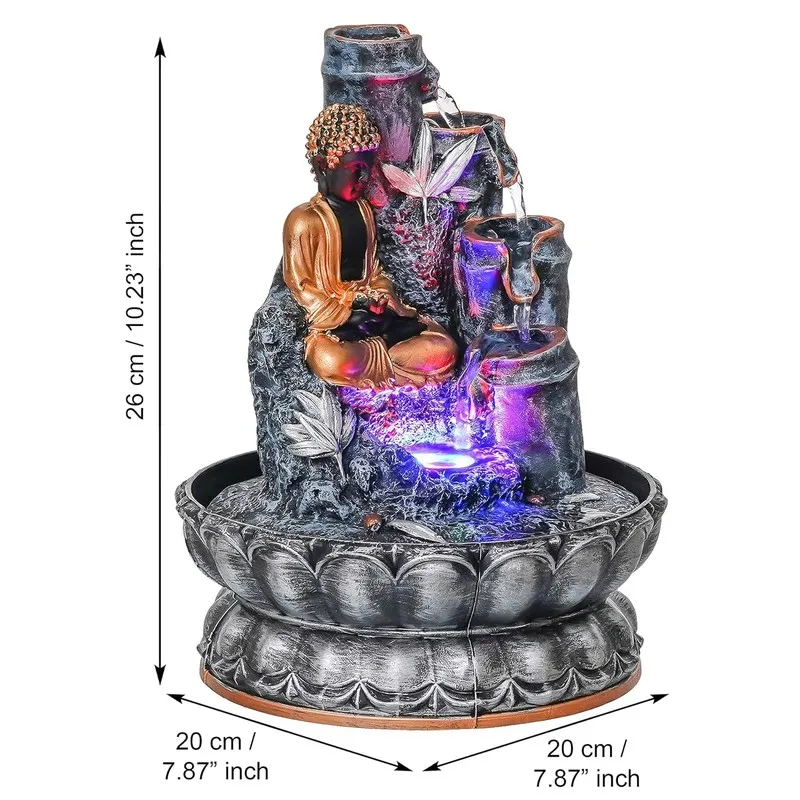 Buddha LED fountain shown with dimension graphic