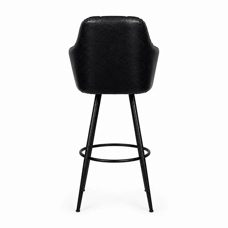 Back view of a black upholstered bar chair with metal legs