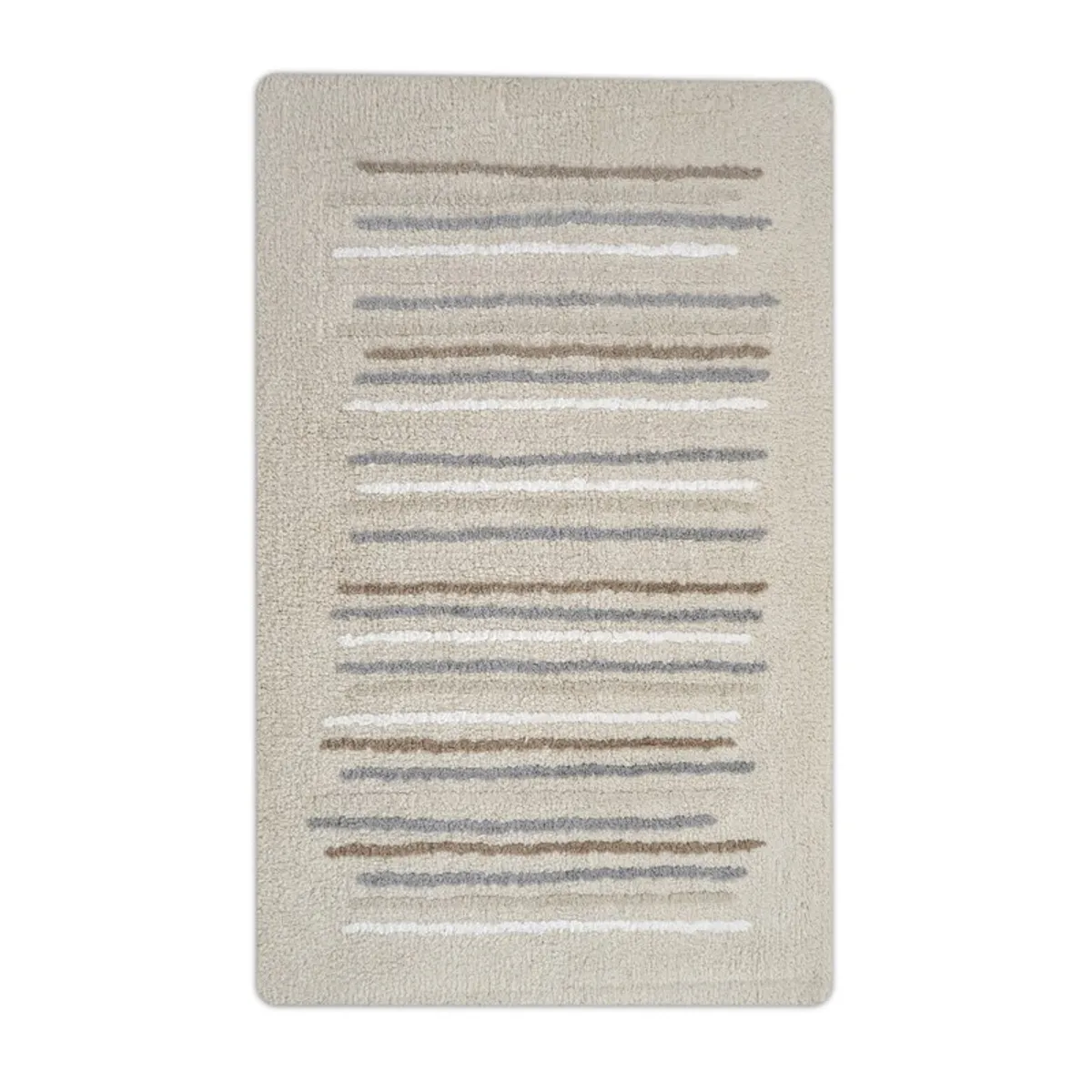 Beige rectangular bath mat with muted horizontal stripes shown against a white background.