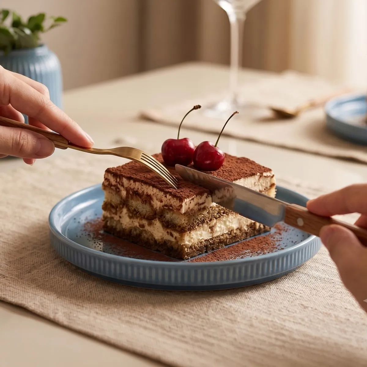 Blue round plate with a dessert served on top