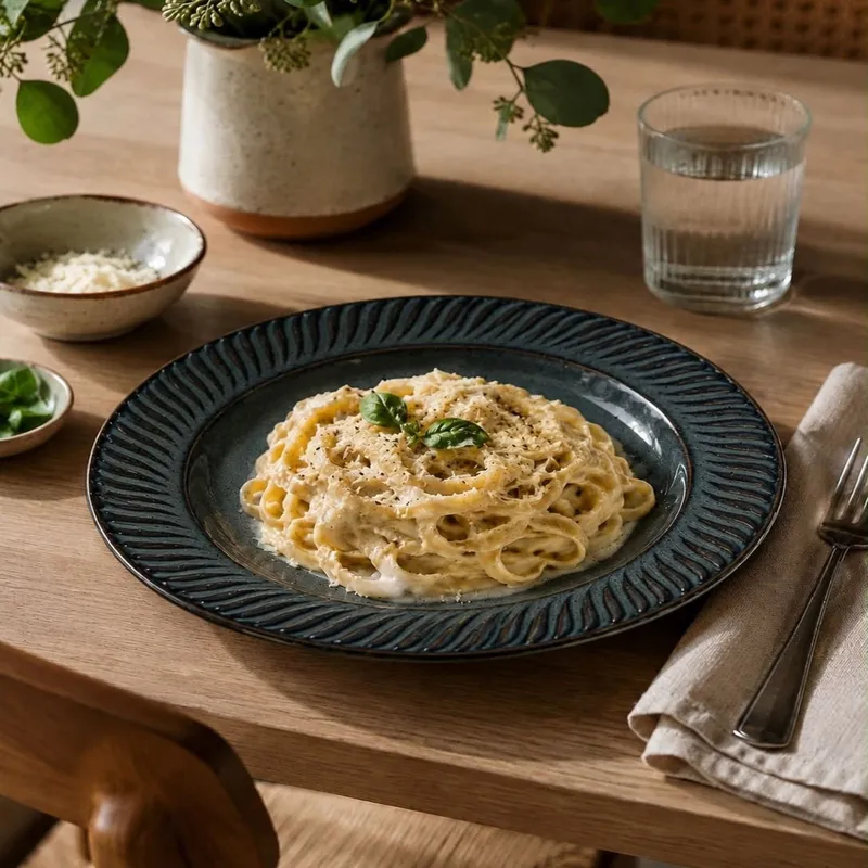 Dark blue glossy pasta plate with creamy pasta on a wooden dining table