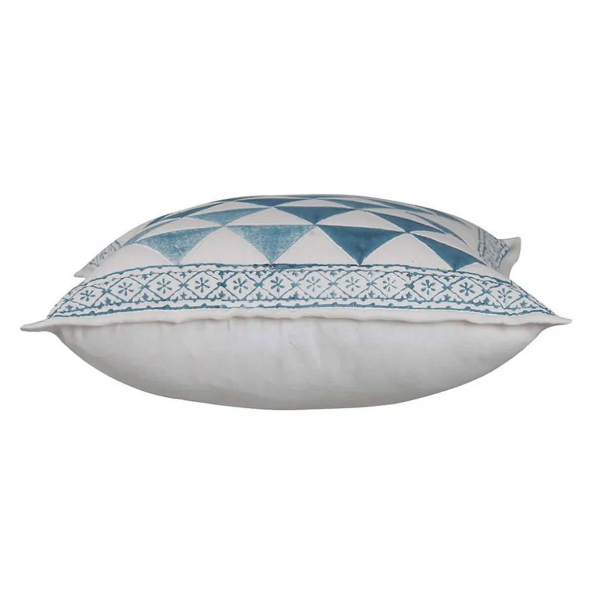 Side view showing the thickness and tufted front of a cushion cover