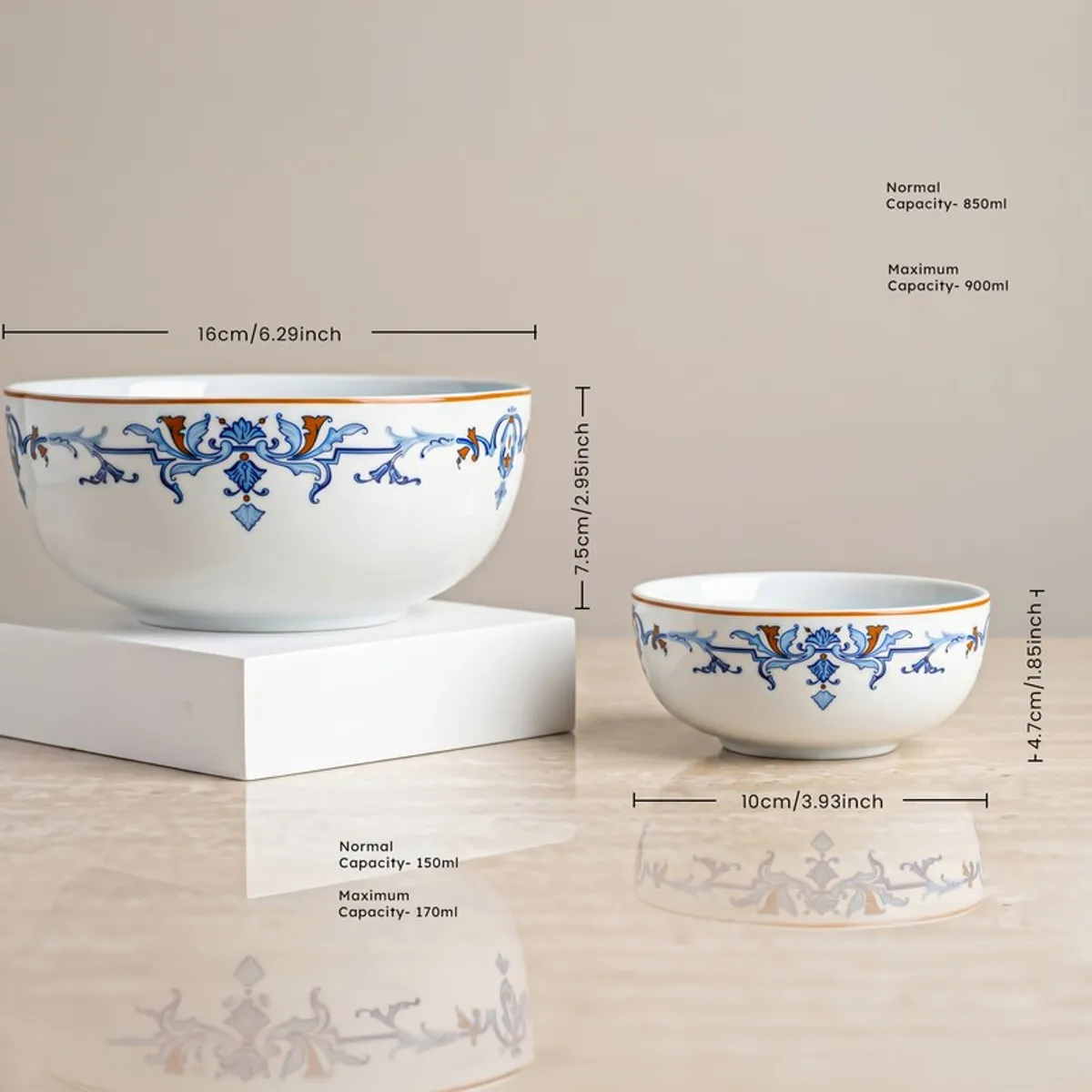 Blue and white serving bowl and katori shown side by side
