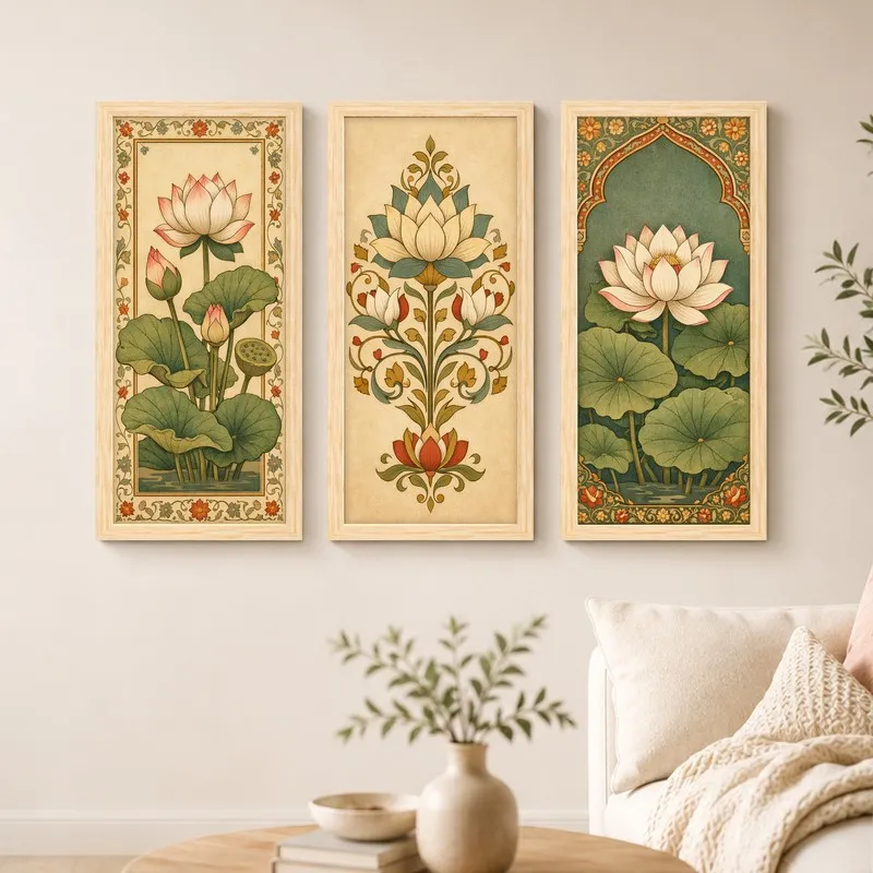 Three rectangular framed lotus artworks in green and beige on a wall