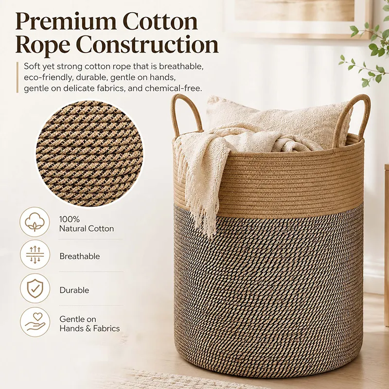 Brown woven cotton rope basket with loop handles and folded throw inside
