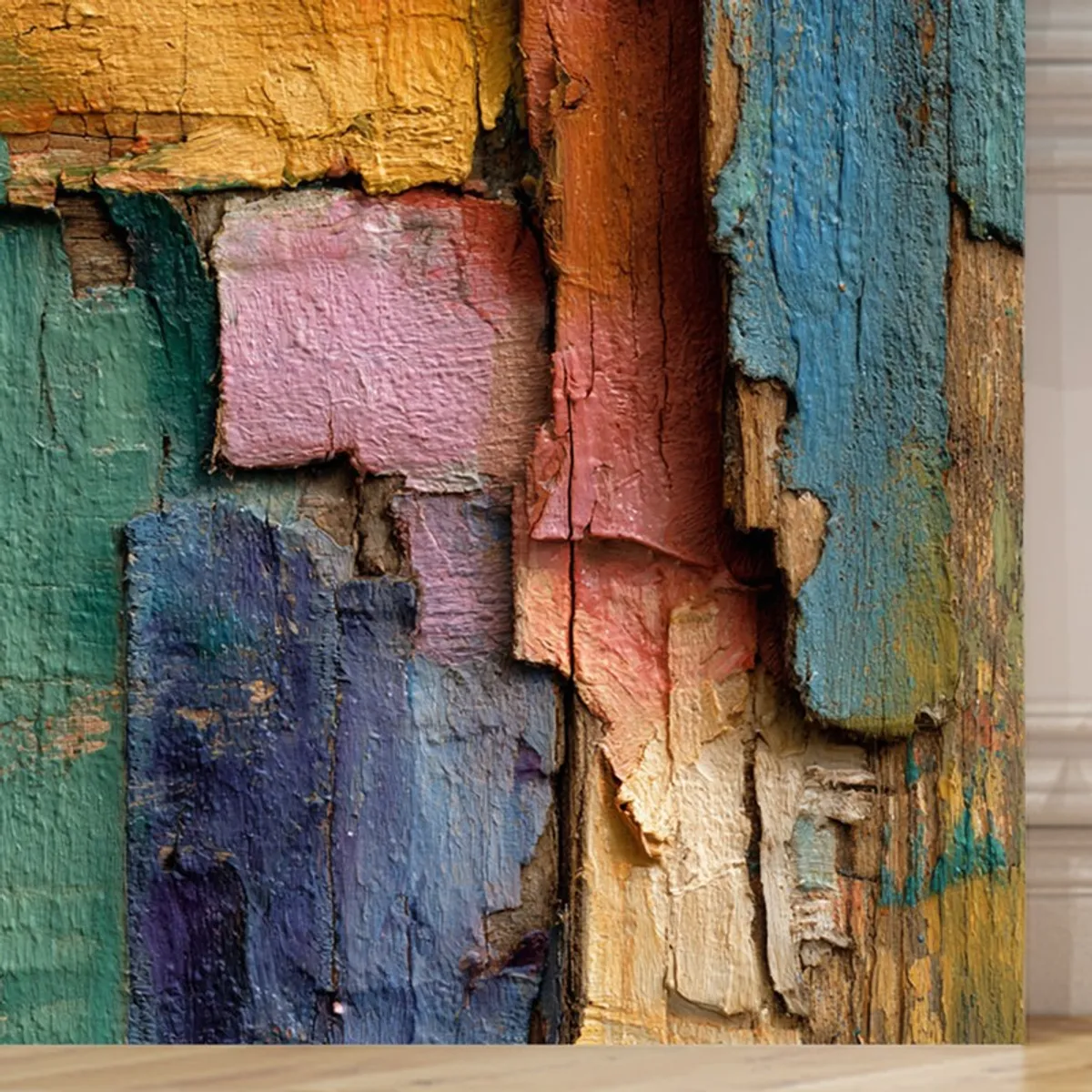 Close-up of textured abstract plank artwork in blue, yellow, pink and teal tones