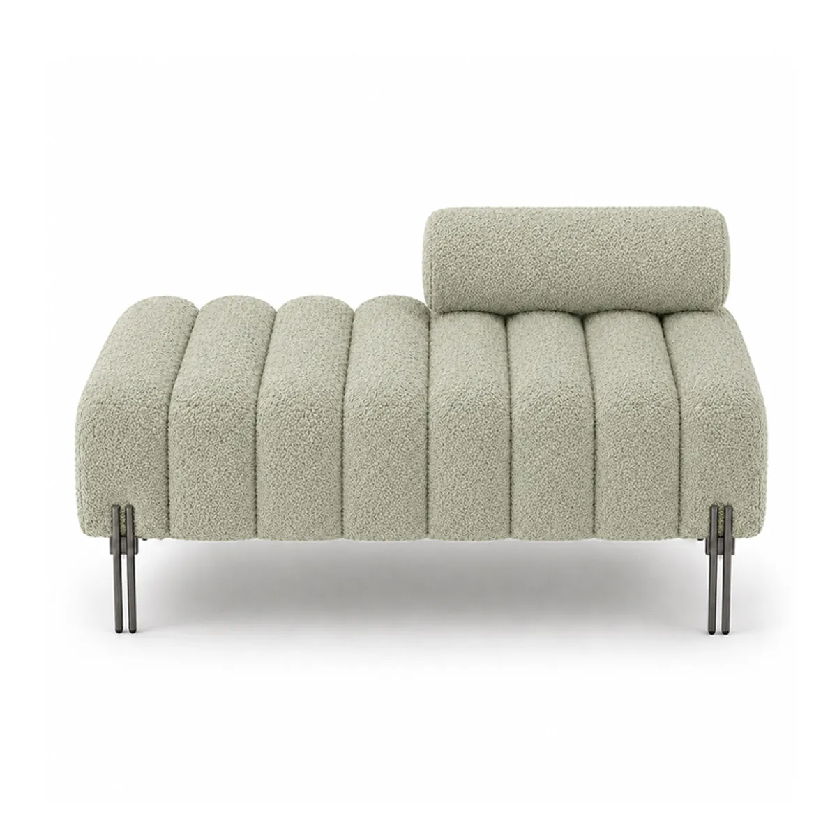 Front view of a sage green channel-tufted bench with black metal legs