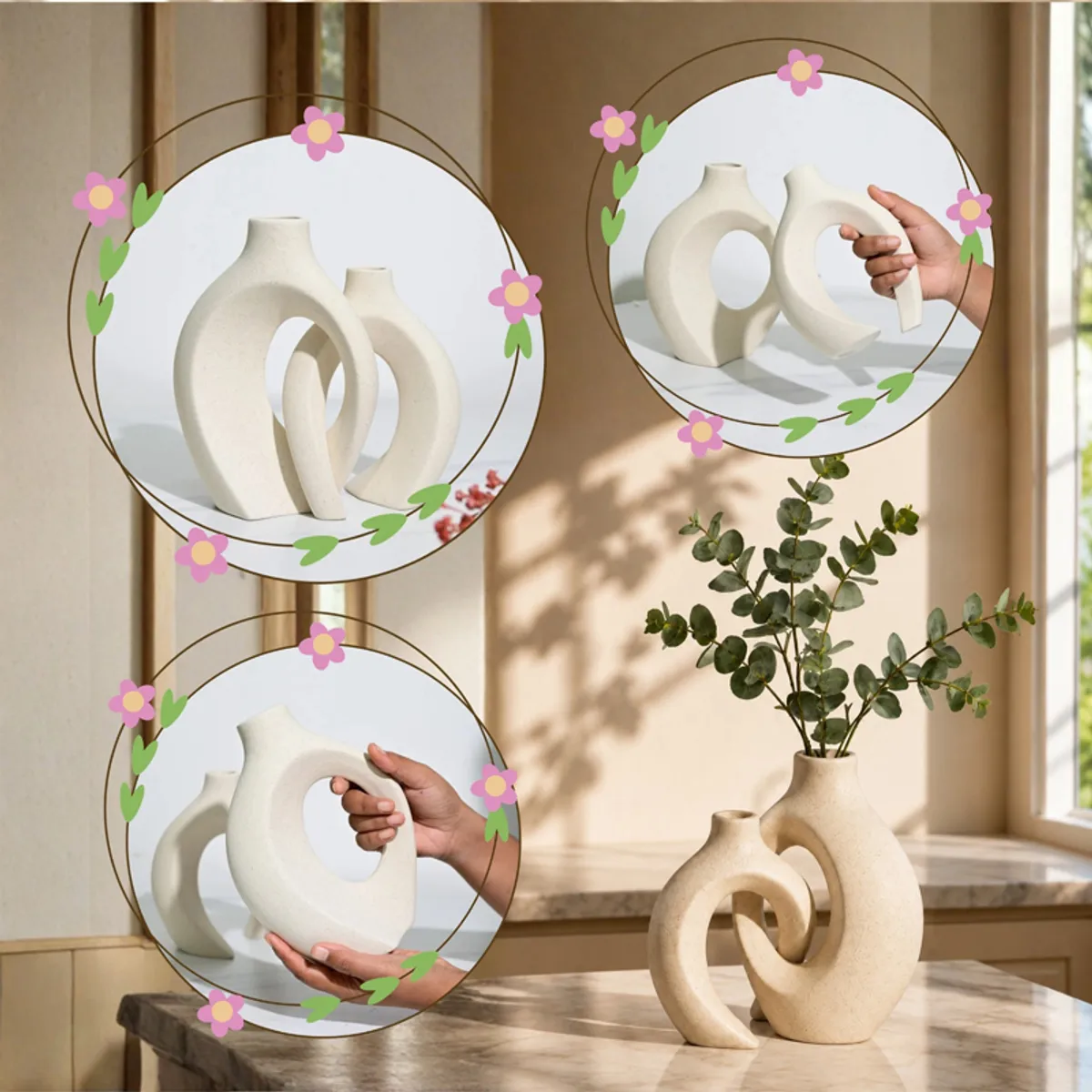 White sculptural knot vase shown in styled room with close-up inset views.