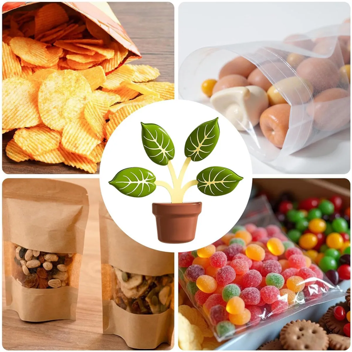 Potted plant clip holder with snack bags and food storage examples