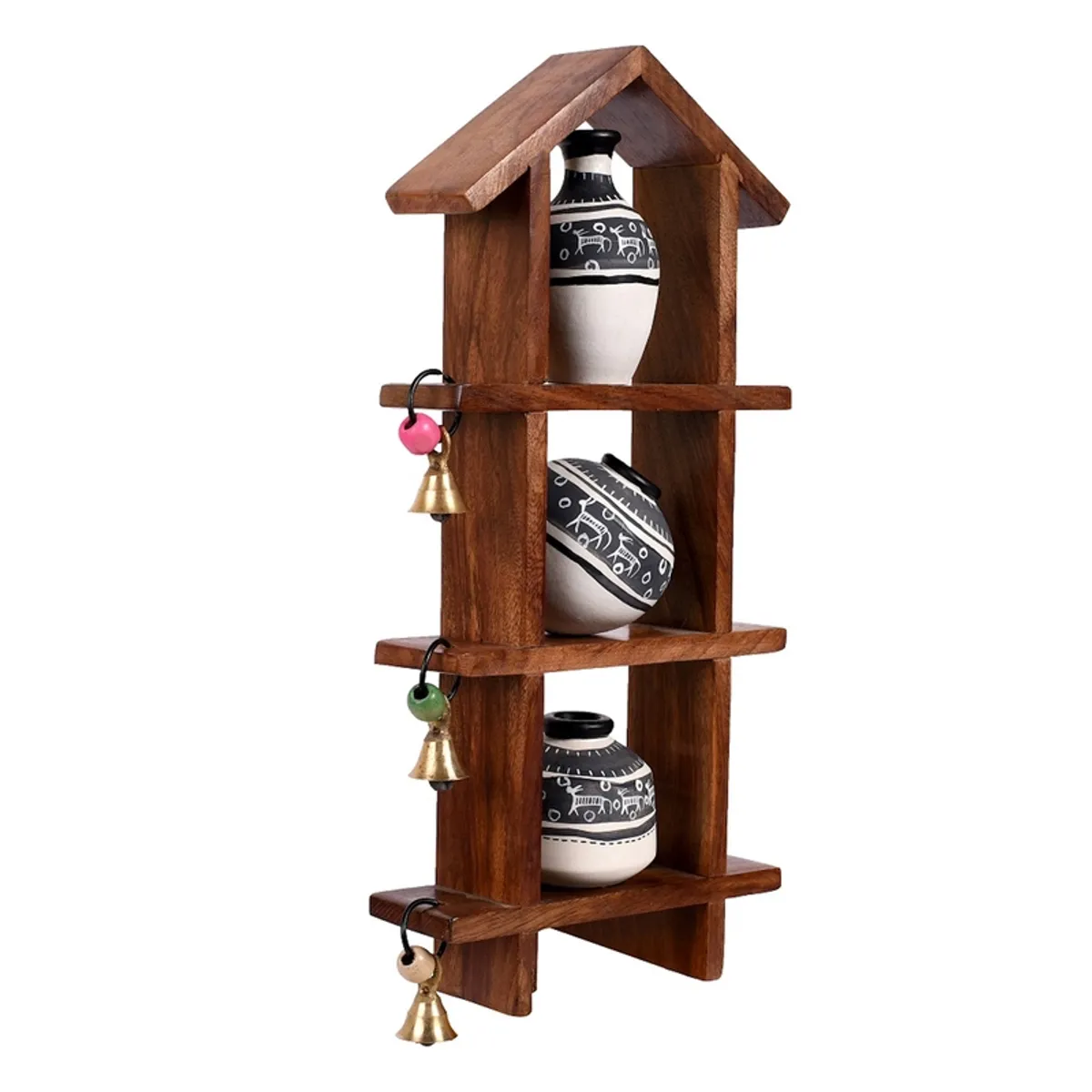 Standalone brown house-shaped wall shelf displaying three black-and-white vases